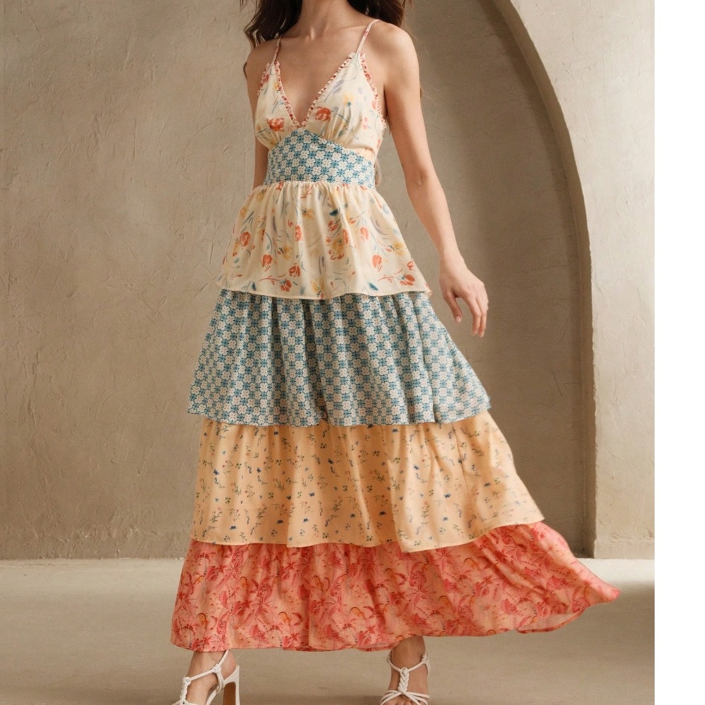 Boho Floral Print Layered Tiered Ruffle Hem Tie Back Cami maxi Dress